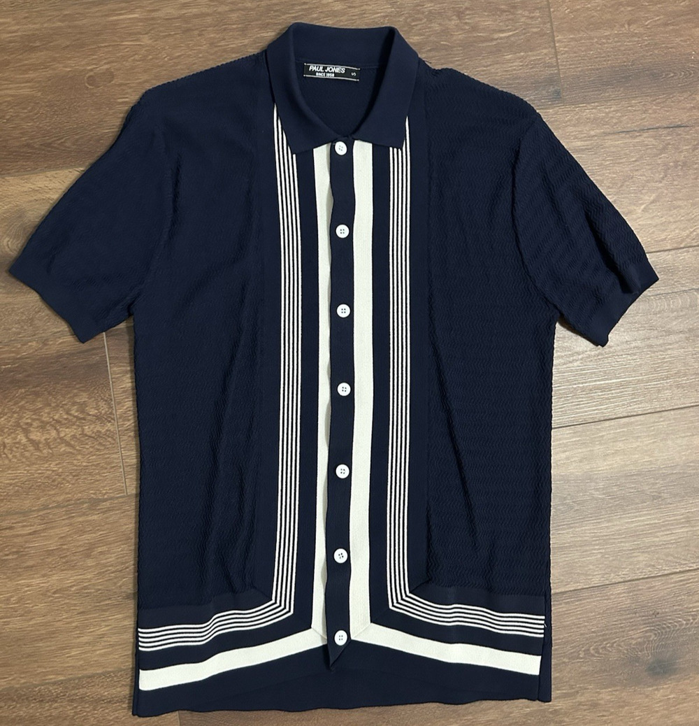 Paul Jones Button Up Polo Mens Blue White Stripe Stretch Size Small